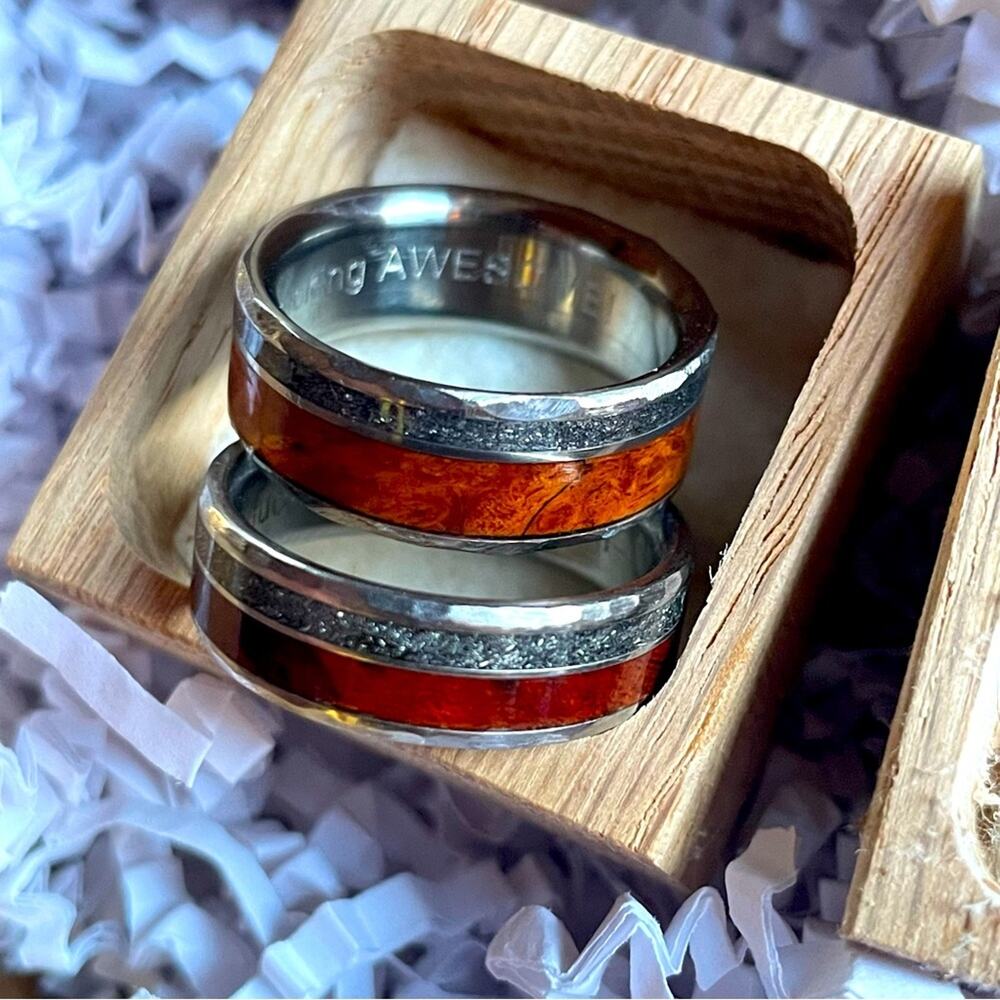 Engraved Titanium & Meteorite Wedding Bands